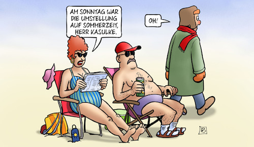 Cartoon: Sommerzeit 2025 (medium) by Harm Bengen tagged sonntag,umstellung,sommerzeit,uhrzeitumstellung,liegestuhl,winterkleidung,badeanzug,harm,bengen,cartoon,karikatur,sonntag,umstellung,sommerzeit,uhrzeitumstellung,liegestuhl,winterkleidung,badeanzug,harm,bengen,cartoon,karikatur